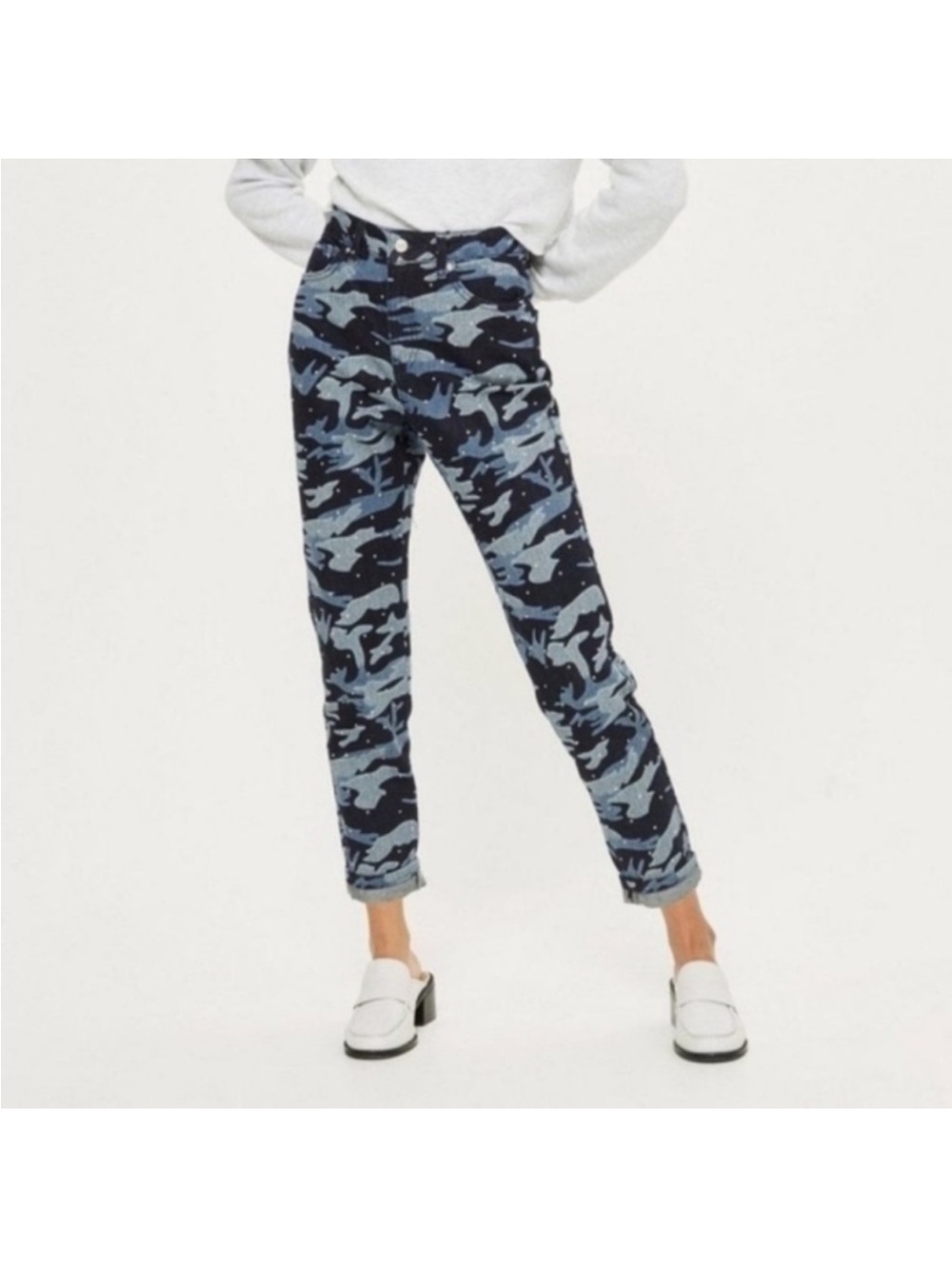 Topshop Blue Camo Moto Mom Jeans W32 High rise Y2K Vintage Rhinestone